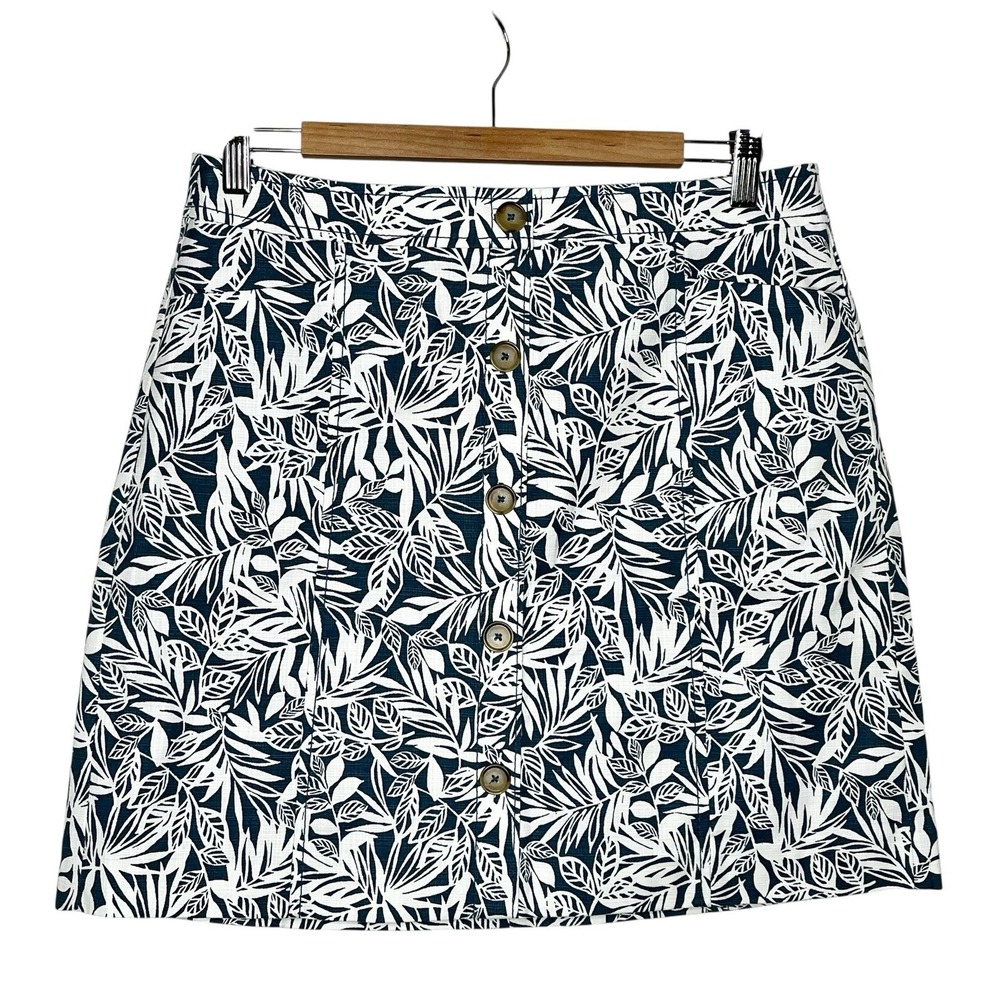 Loft Tropical Leaf Print A-Line Skirt Blue White Womens Size 10 Button Up Short